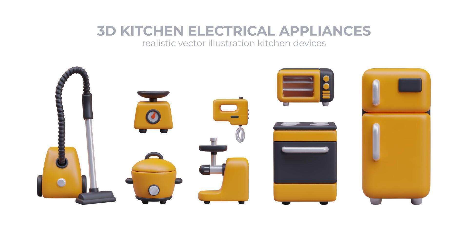 cocina eléctrico aparato recopilación. realista refrigerador, gas y eléctrico horno, exprimidor vector