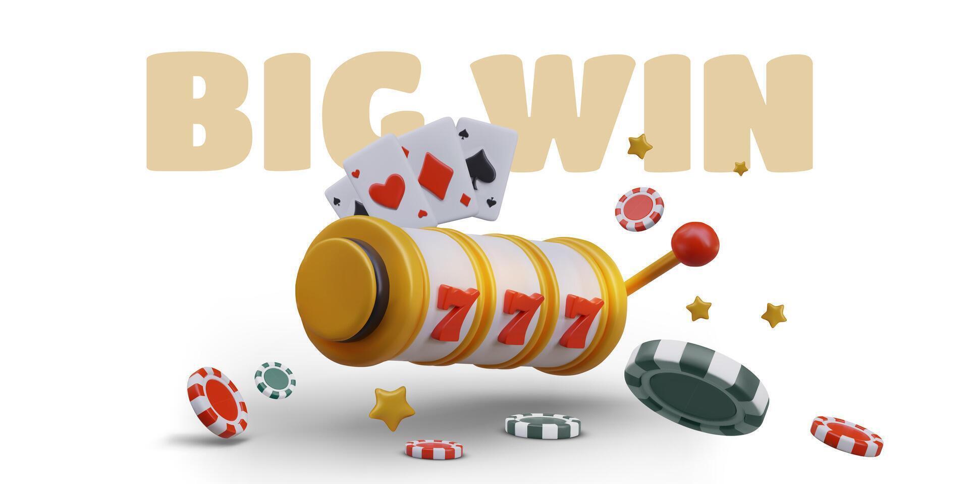 Big win vector banner. 3D slot machine, playing cards, poker chips, stars