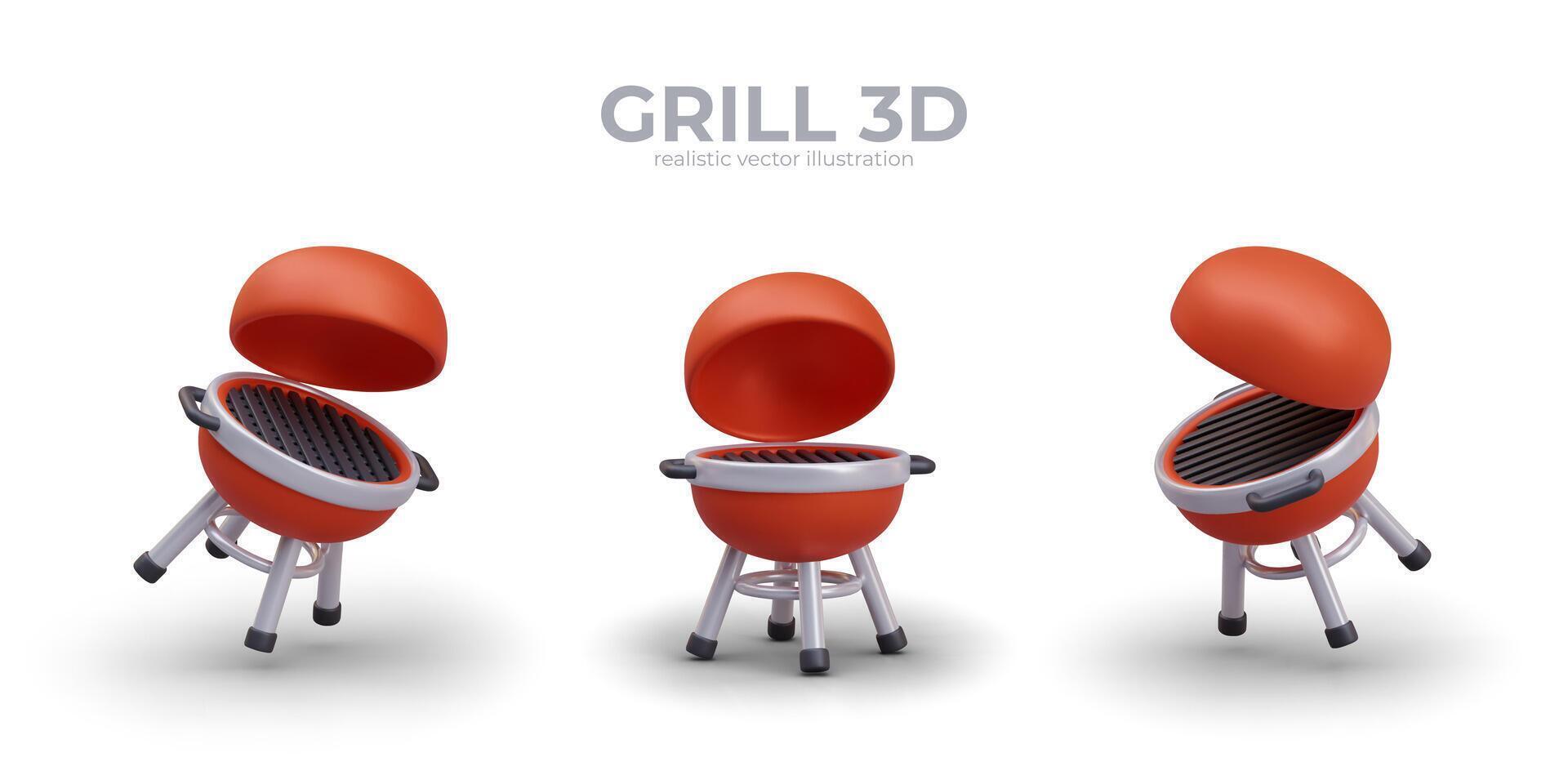 Realistic red grill in different positions. Cooking meat on fire vector