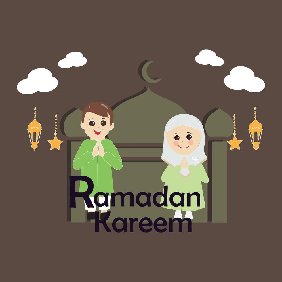 contento Ramadán kareem con niños personaje ilustración. musulmán chico y niña Ramadán saludo tarjeta. vector