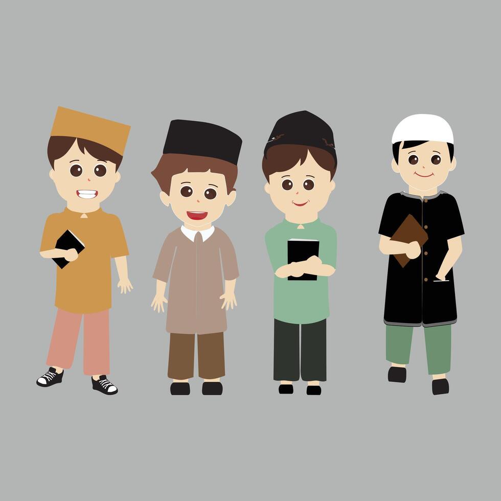 Set of muslim boy cartoon character for ramadan. Cute cartoon muslim boy. Set of kid muslim people doing activities. Vector illustration.