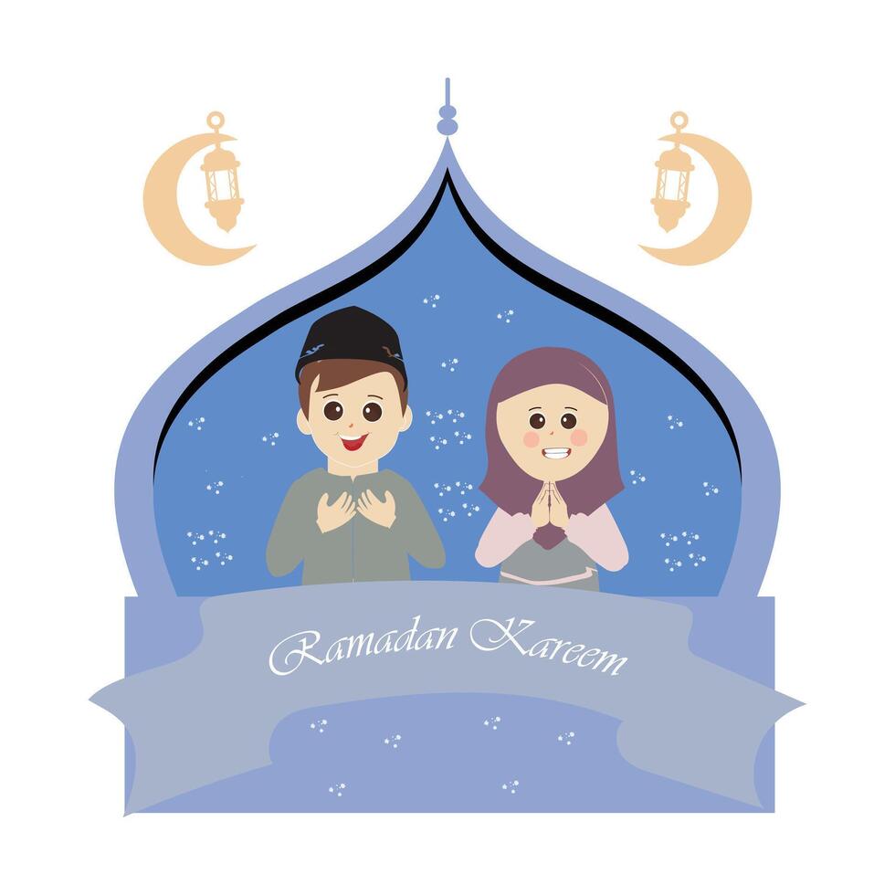 Happy ramadan kareem with kids character illustration. Moslem boy and girl Ramadan greeting card. vector