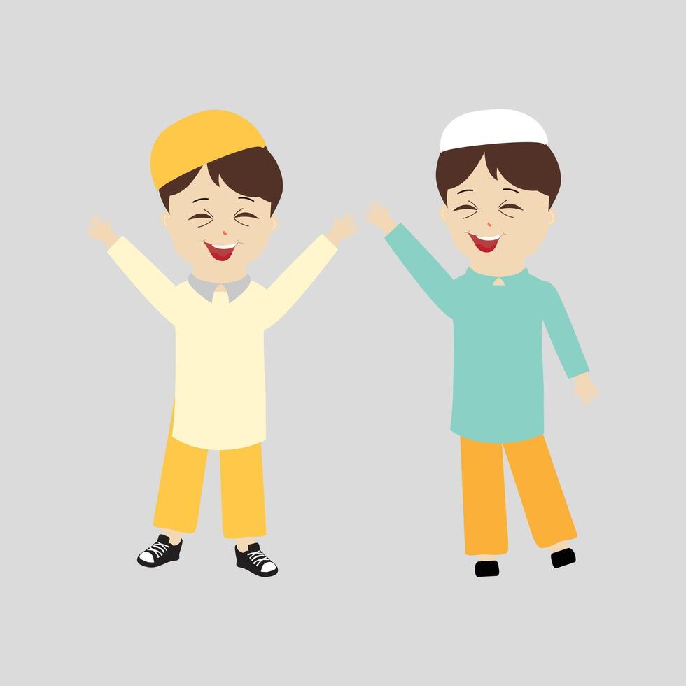 Happy muslim boy cartoon character vector. Muslim boy praying, Little muslim kid different pose and feel peace. vector