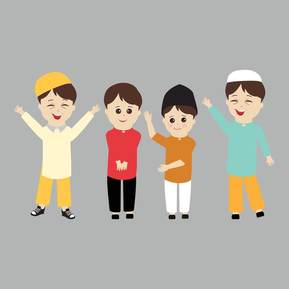 Set of muslim boy cartoon character for ramadan. Cute cartoon muslim boy. Set of kid muslim people doing activities. Vector illustration.