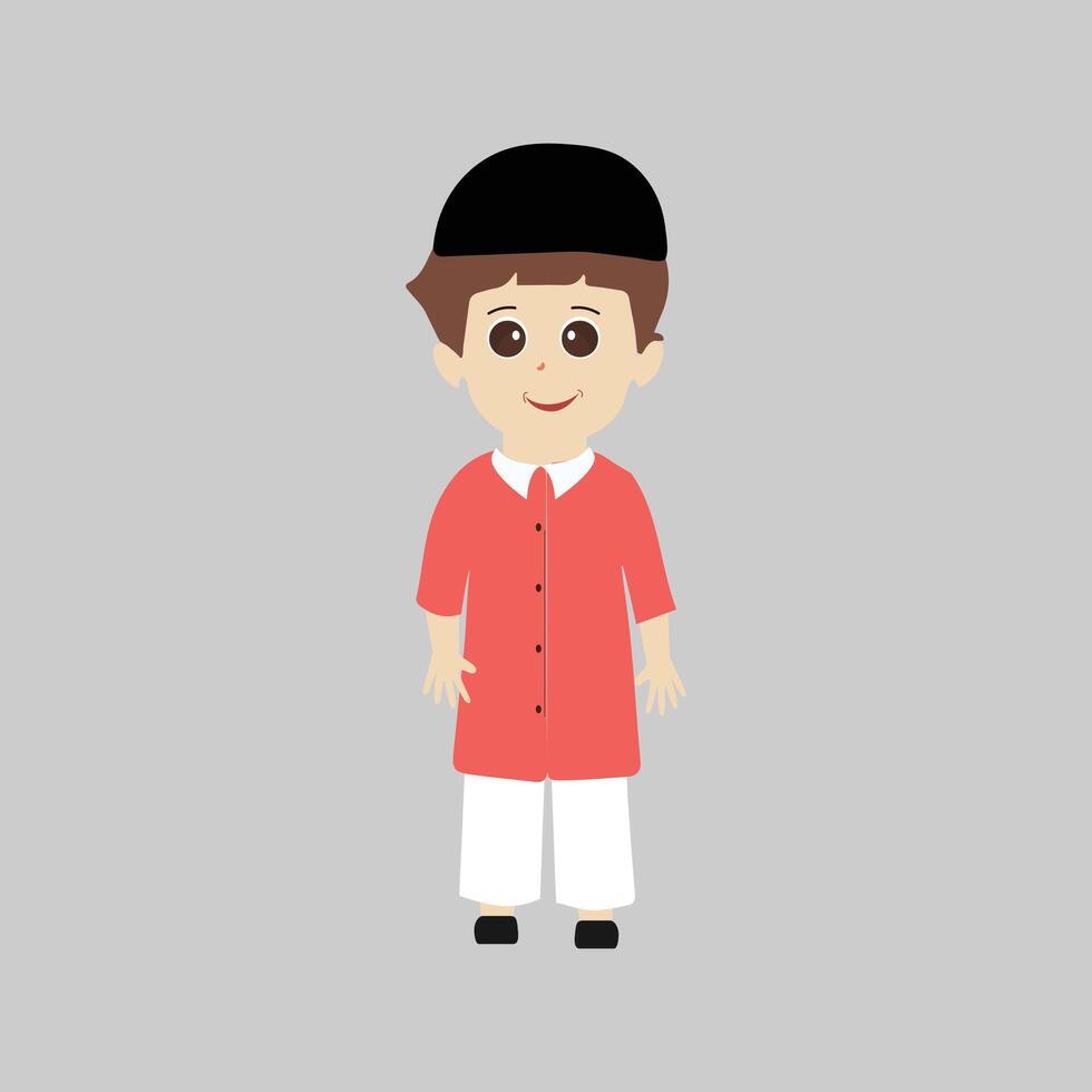 Happy muslim boy cartoon character vector. Muslim boy praying, Little muslim kid different pose and feel peace. vector