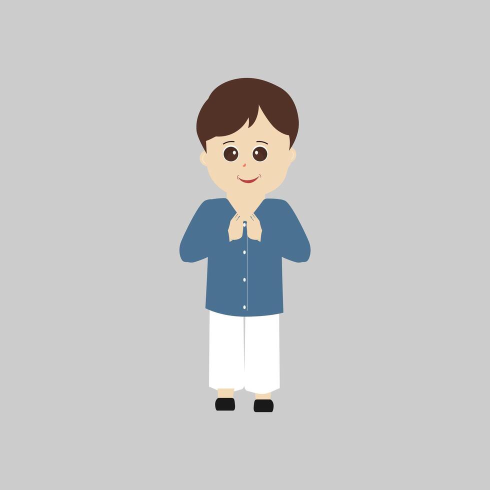 Happy muslim boy cartoon character vector. Muslim boy praying, Little muslim kid different pose and feel peace. vector