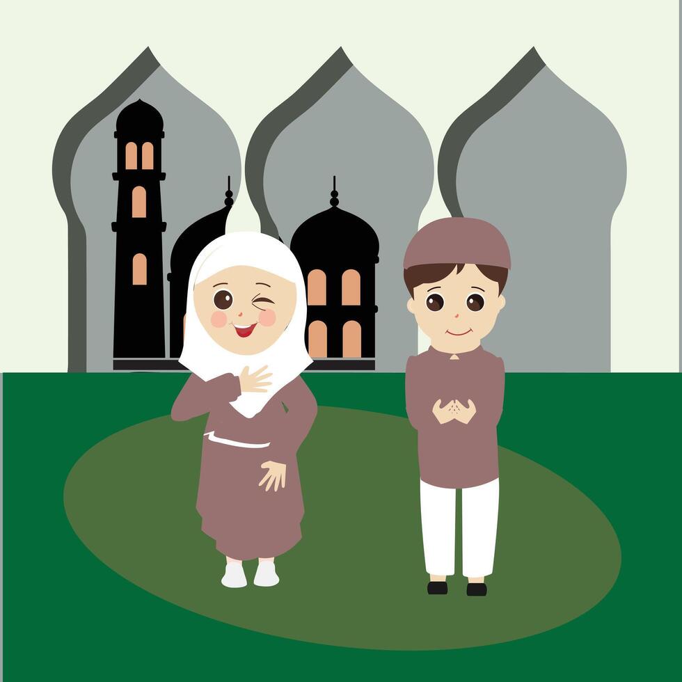 contento Ramadán kareem con niños personaje ilustración. musulmán chico y niña Ramadán saludo tarjeta. vector