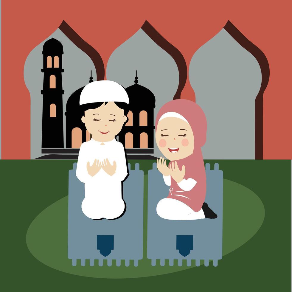 contento Ramadán kareem con niños personaje ilustración. musulmán chico y niña Ramadán saludo tarjeta. vector