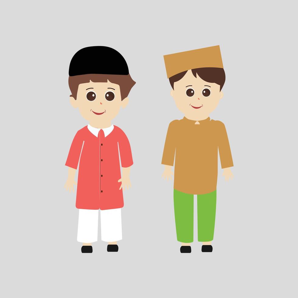contento musulmán chico dibujos animados personaje vector. musulmán chico Orando, pequeño musulmán niño diferente actitud y sensación paz. vector