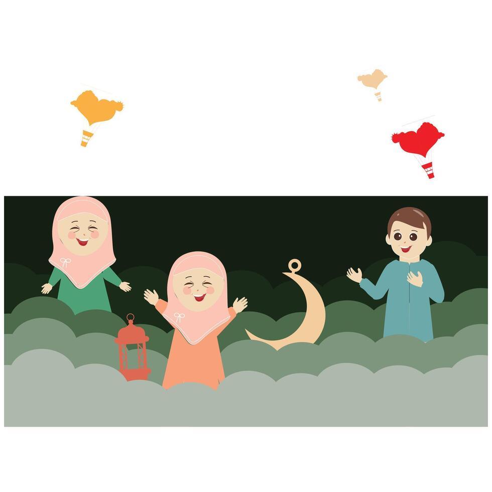 Happy ramadan kareem with kids character illustration. Moslem boy and girl Ramadan greeting card. vector