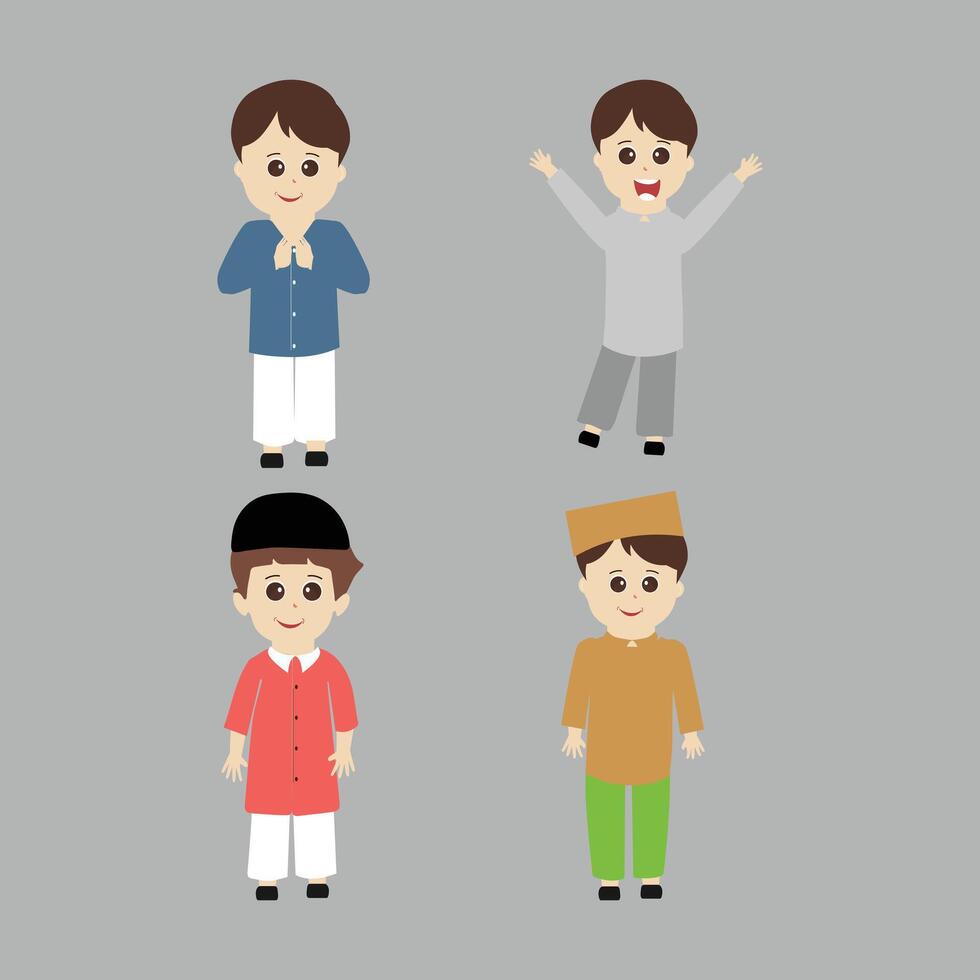 Set of muslim boy cartoon character for ramadan. Cute cartoon muslim boy. Set of kid muslim people doing activities. Vector illustration.