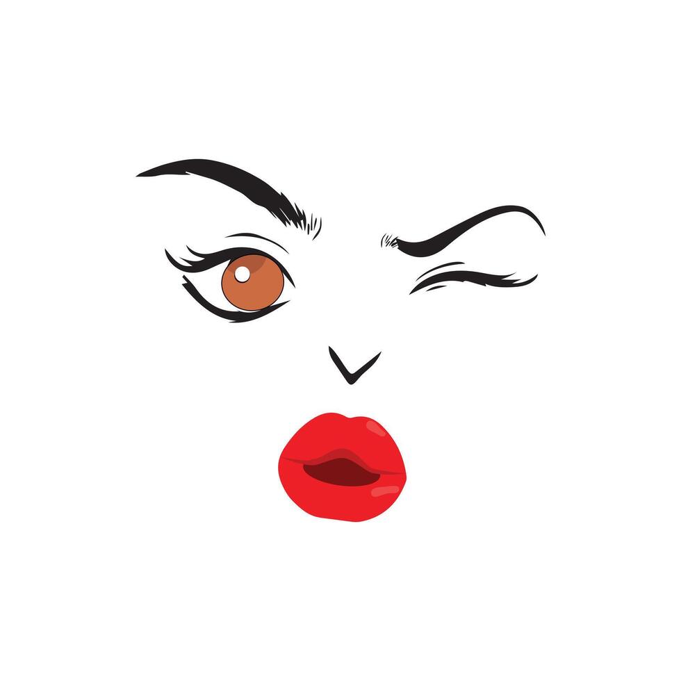 Beautiful woman face with red lips,  illustration vector. Fashion model face close up, vector illustration. EPS10.