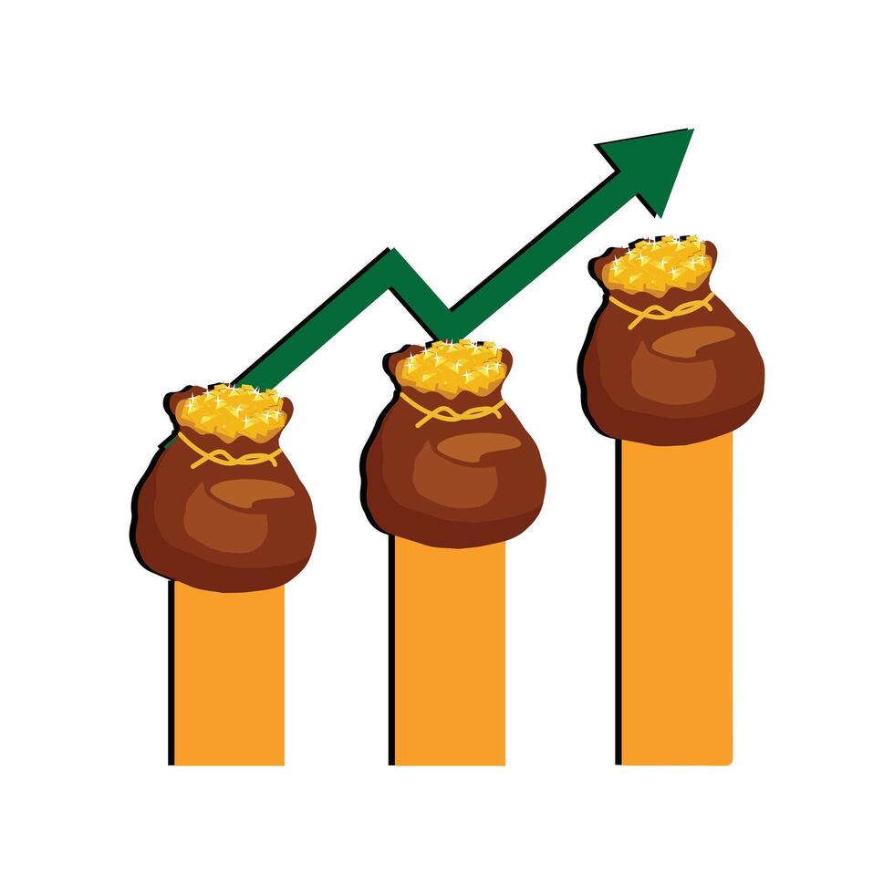 dinero bolso gráfico aumentar, negocio grafico flecha arriba crecimiento inversión. gráfico Finanzas ingresos incrementar creciente. vector ilustración plano diseño.