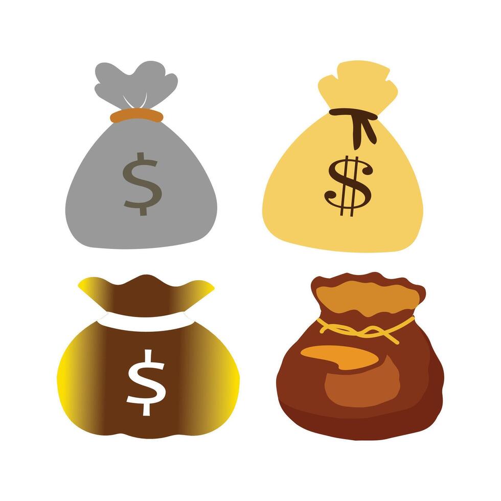 Money bag with money, coin and gold bar. Stack of shiny gold bars or ingots and money bag with coins. Business concept. Icon for web, games, apps. Vector illustration.