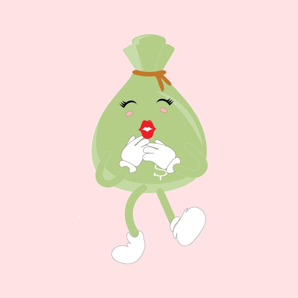 Money bag funny cartoon illustration. Money bag set mascot of 70s groovy. Collection of cartoon,retro, groovy characters. Vector illustration.