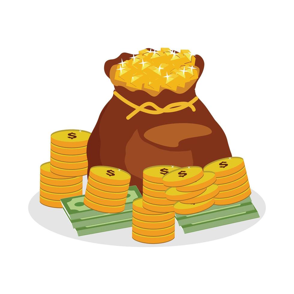 A money bag and pile of gold coins, money with a dollar sign. Representing wealth and financial succes. Flat vector illustration.