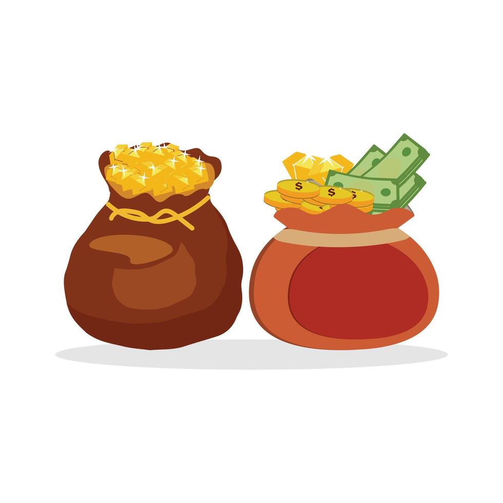 Money bag with money, coin and gold bar. Stack of shiny gold bars or ingots and money bag with coins. Business concept. Icon for web, games, apps. Vector illustration.
