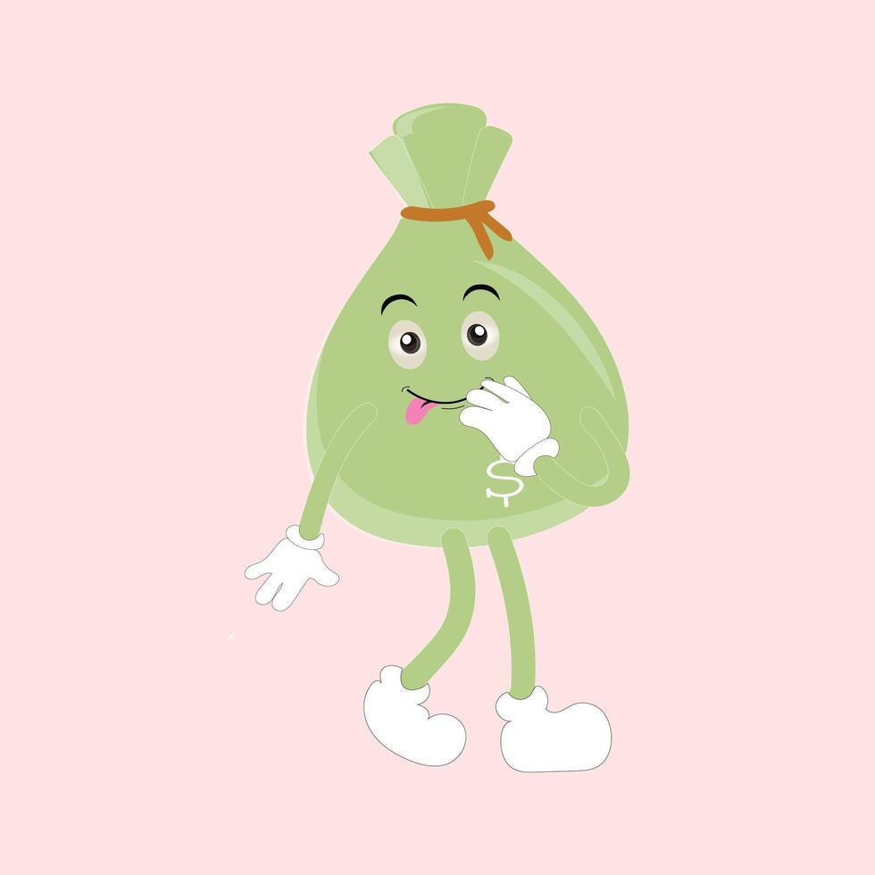 Money bag funny cartoon illustration. Money bag set mascot of 70s groovy. Collection of cartoon,retro, groovy characters. Vector illustration.