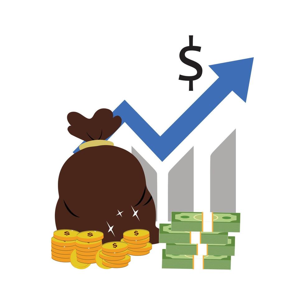 Money bag chart increase, business graph arrow up growth investment. Chart finance income increase growing. vector illustration flat design.