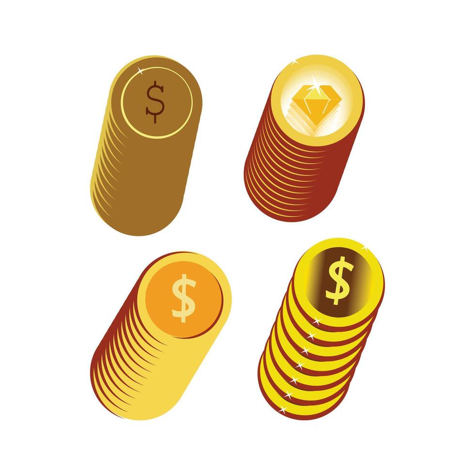 Money bag with money, coin and gold bar. Stack of shiny gold bars or ingots and money bag with coins. Business concept. Icon for web, games, apps. Vector illustration.