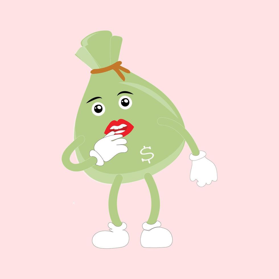 Money bag funny cartoon illustration. Money bag set mascot of 70s groovy. Collection of cartoon,retro, groovy characters. Vector illustration.