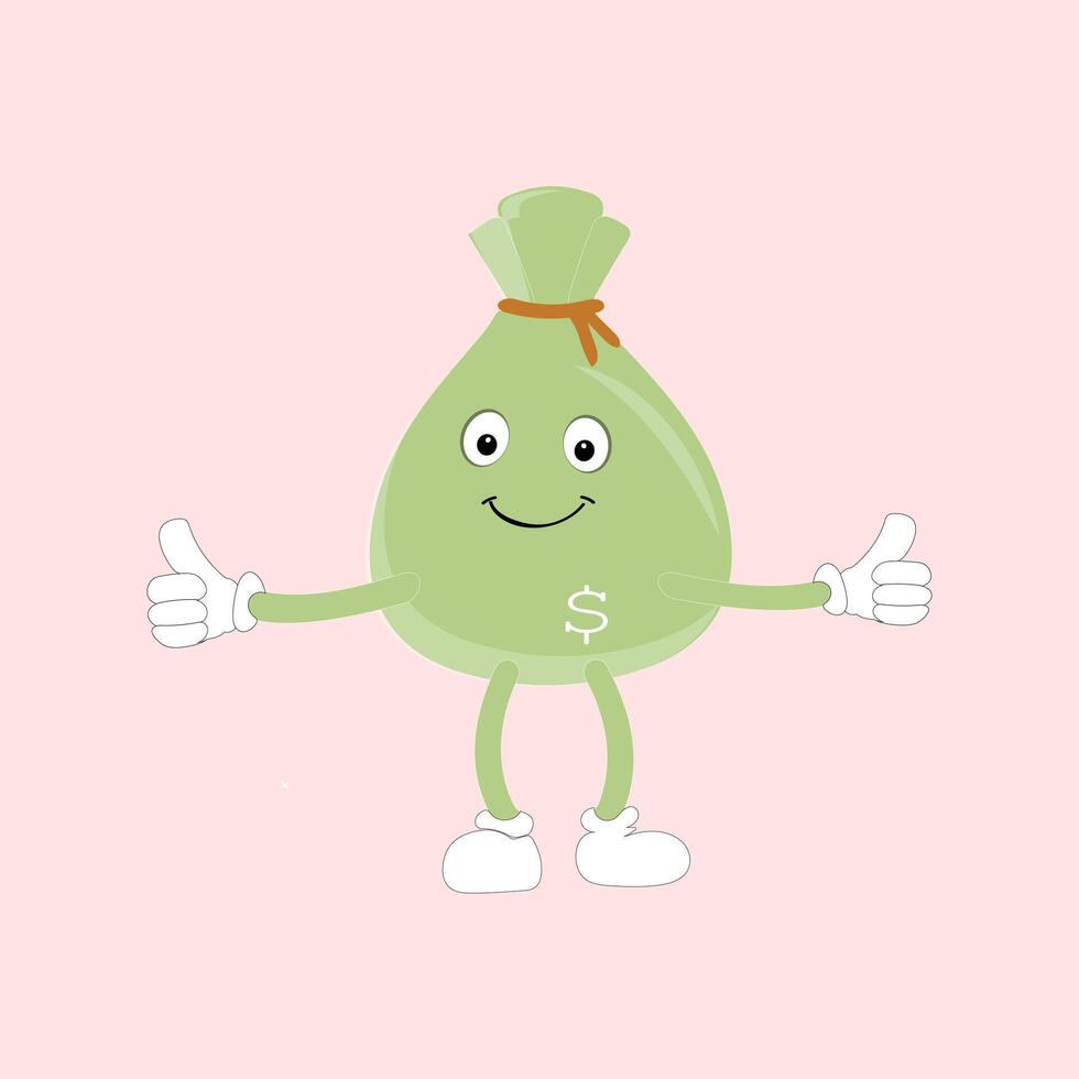 Money bag funny cartoon illustration. Money bag set mascot of 70s groovy. Collection of cartoon,retro, groovy characters. Vector illustration.