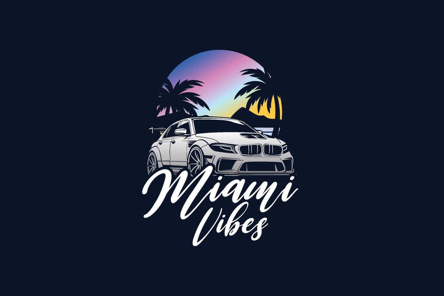 prima coche logo con Miami vibraciones antecedentes palma árboles, montañas vector, Años 80 retro vector