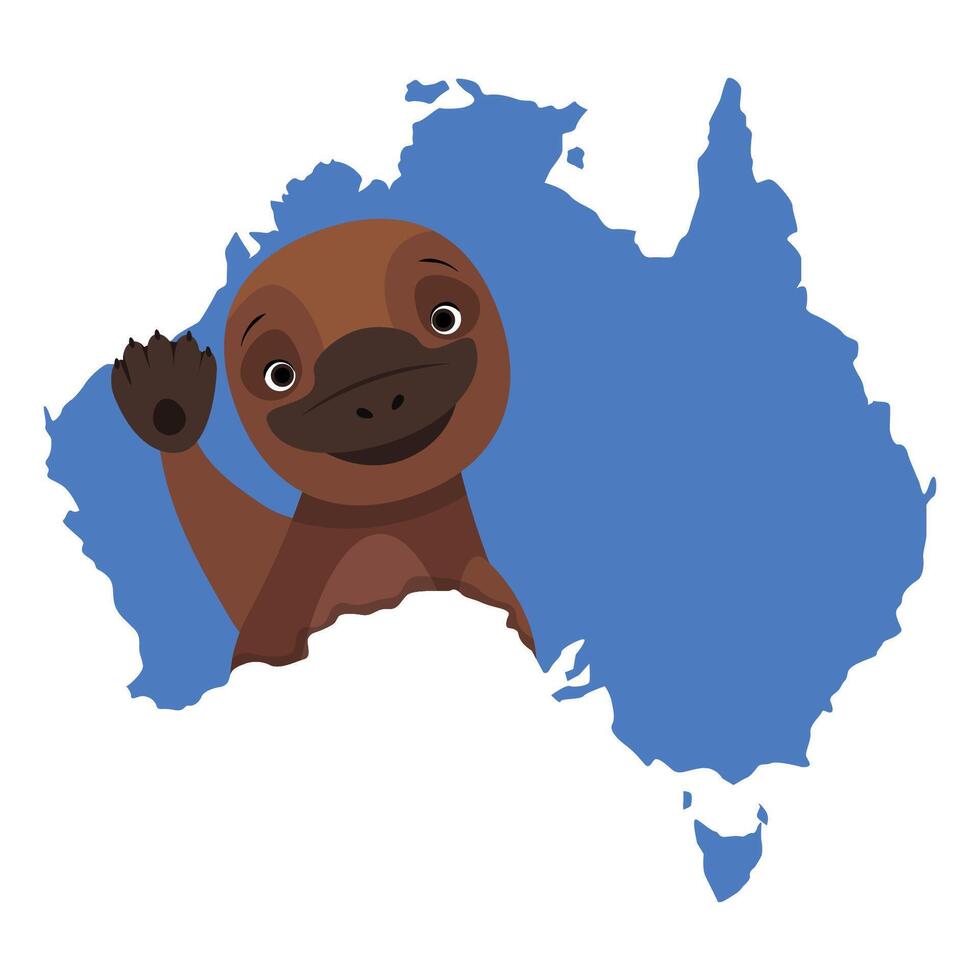 Cute Australian brown platypus waving its paw from inside a map of Australia vector