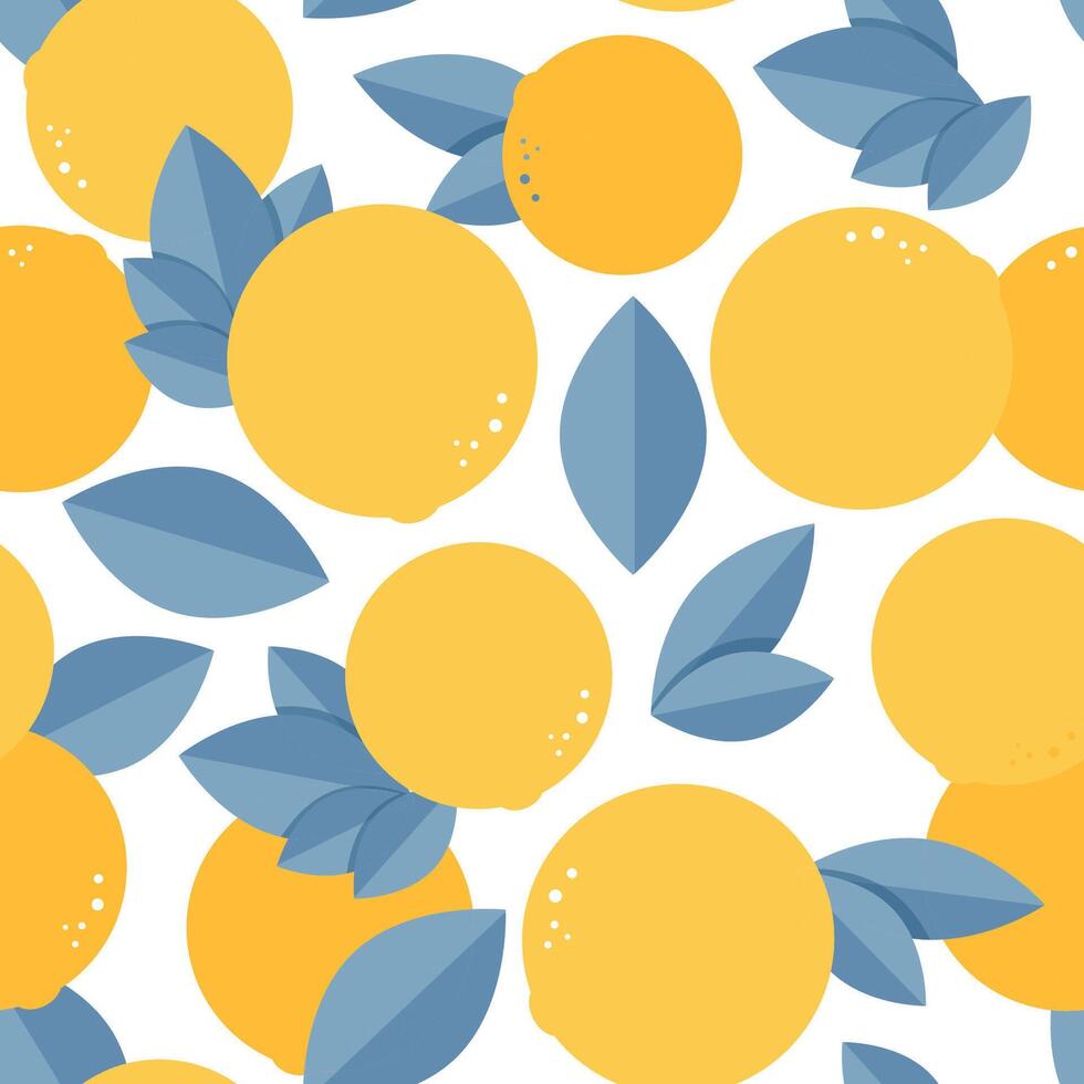 Seamless vector pattern of geometric oranges with blue leaves on a white background