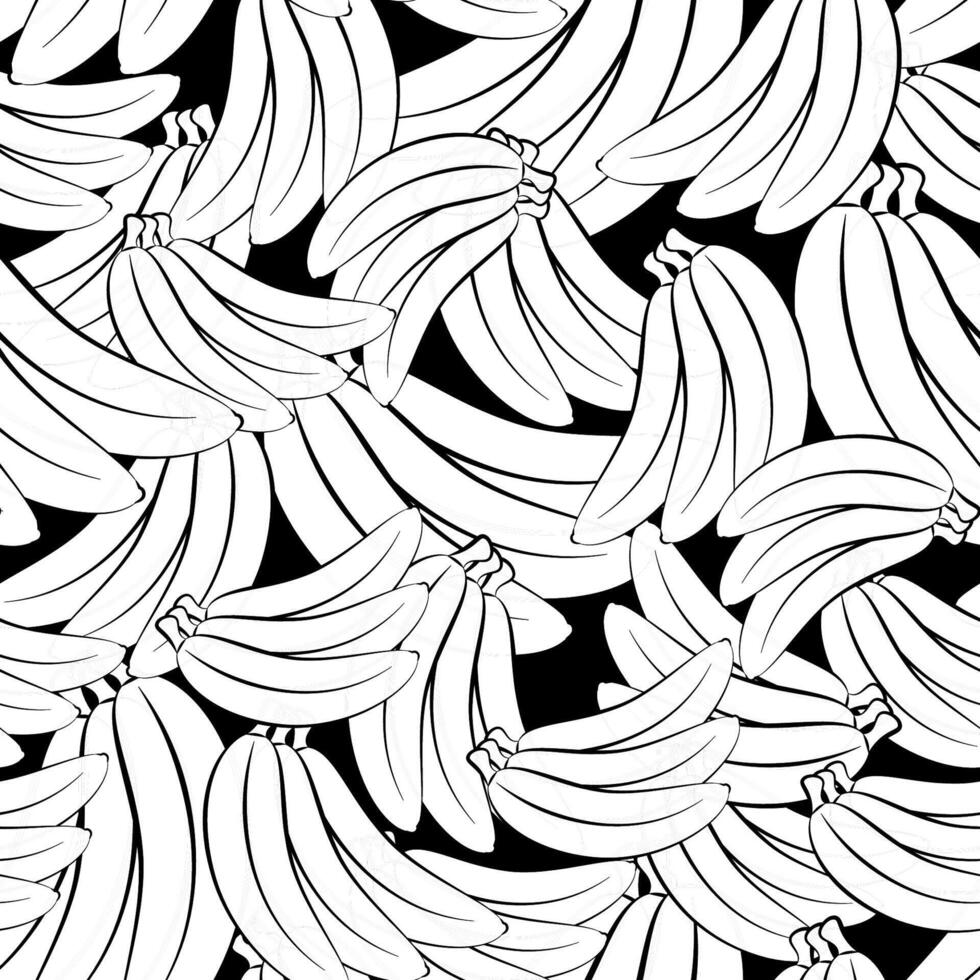 sin costura modelo de blanco bananas con un negro contorno en un negro antecedentes vector