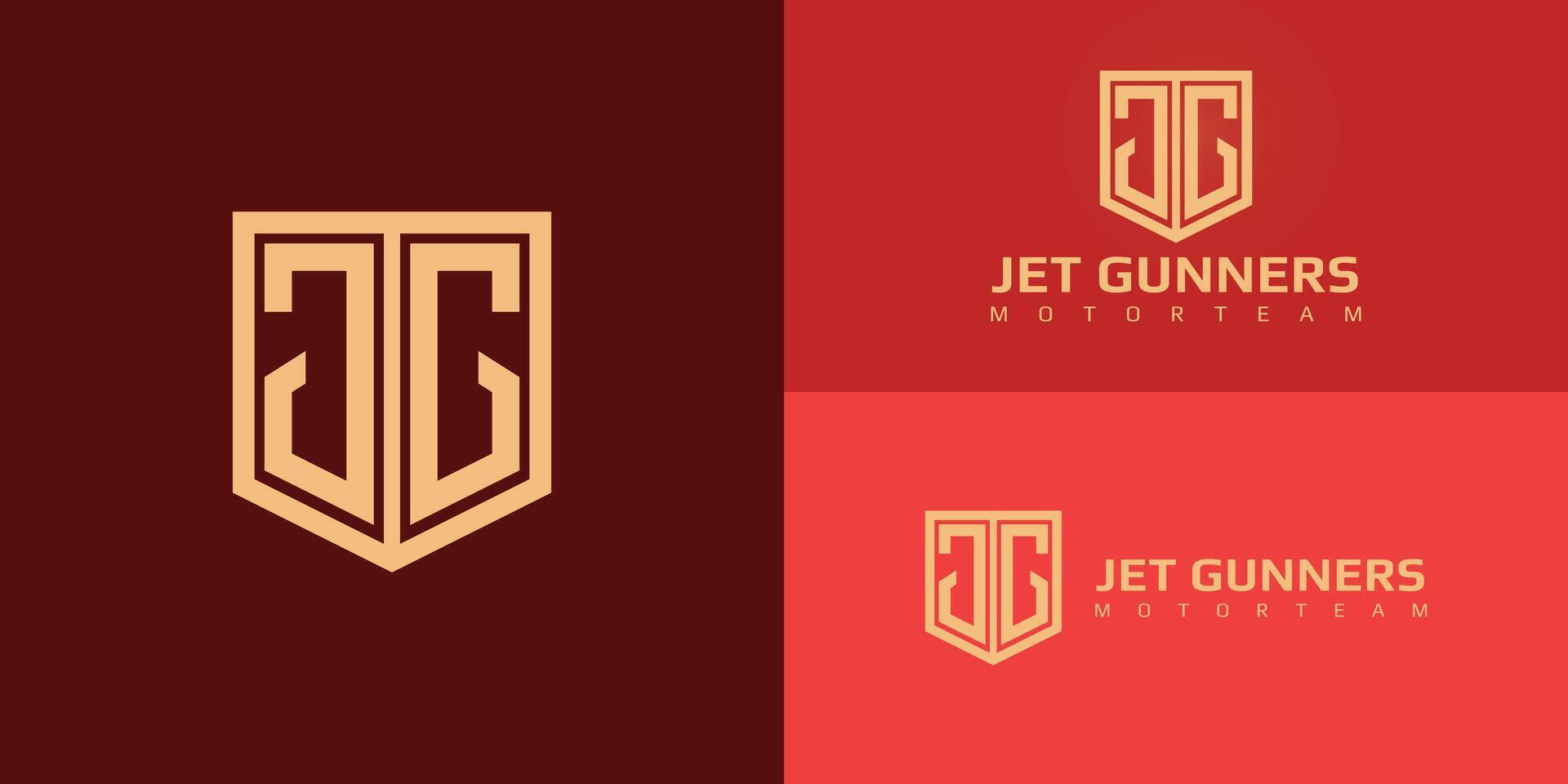 abstract initial letter J and G logo in gold color isolated in multiple red background applied for motorsport team logo design also suitable for the brands or companies that have initial name JG or GJ vector