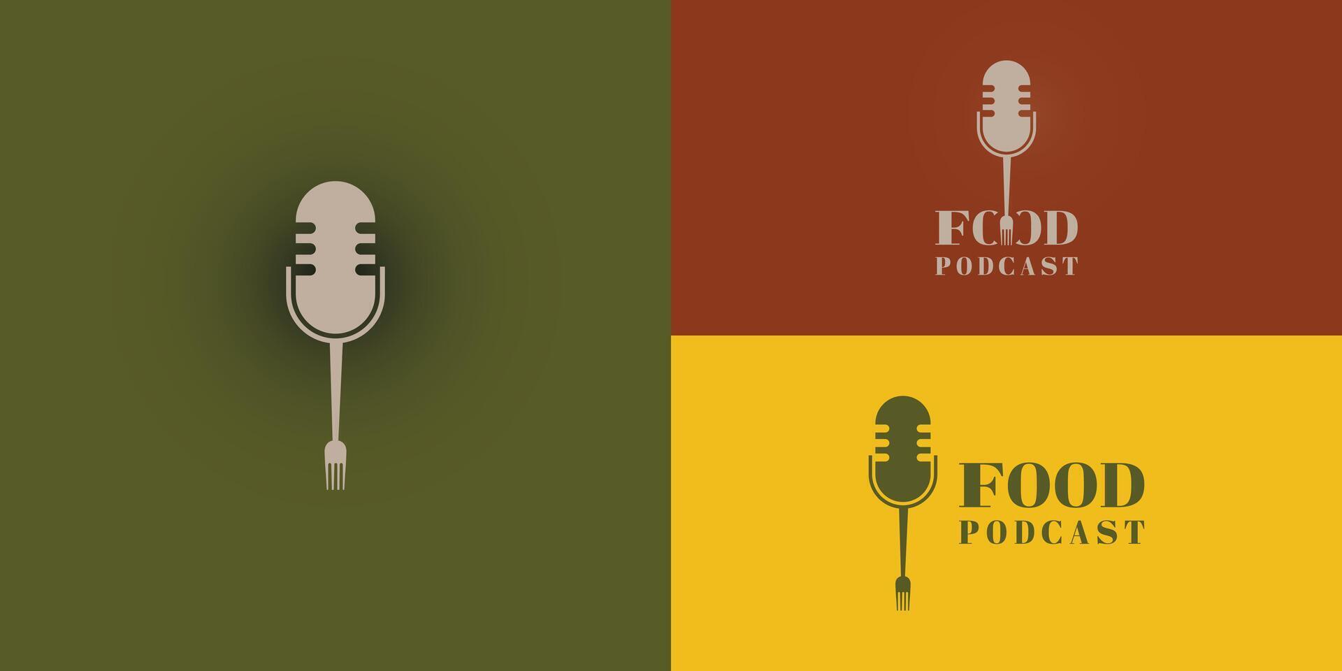 The Food Fork Spoon podcast logo hipster retro vintage icon presented with multiple background colors. The logo is suitable for food cooking restaurant blog video vlog review channel logo design vector