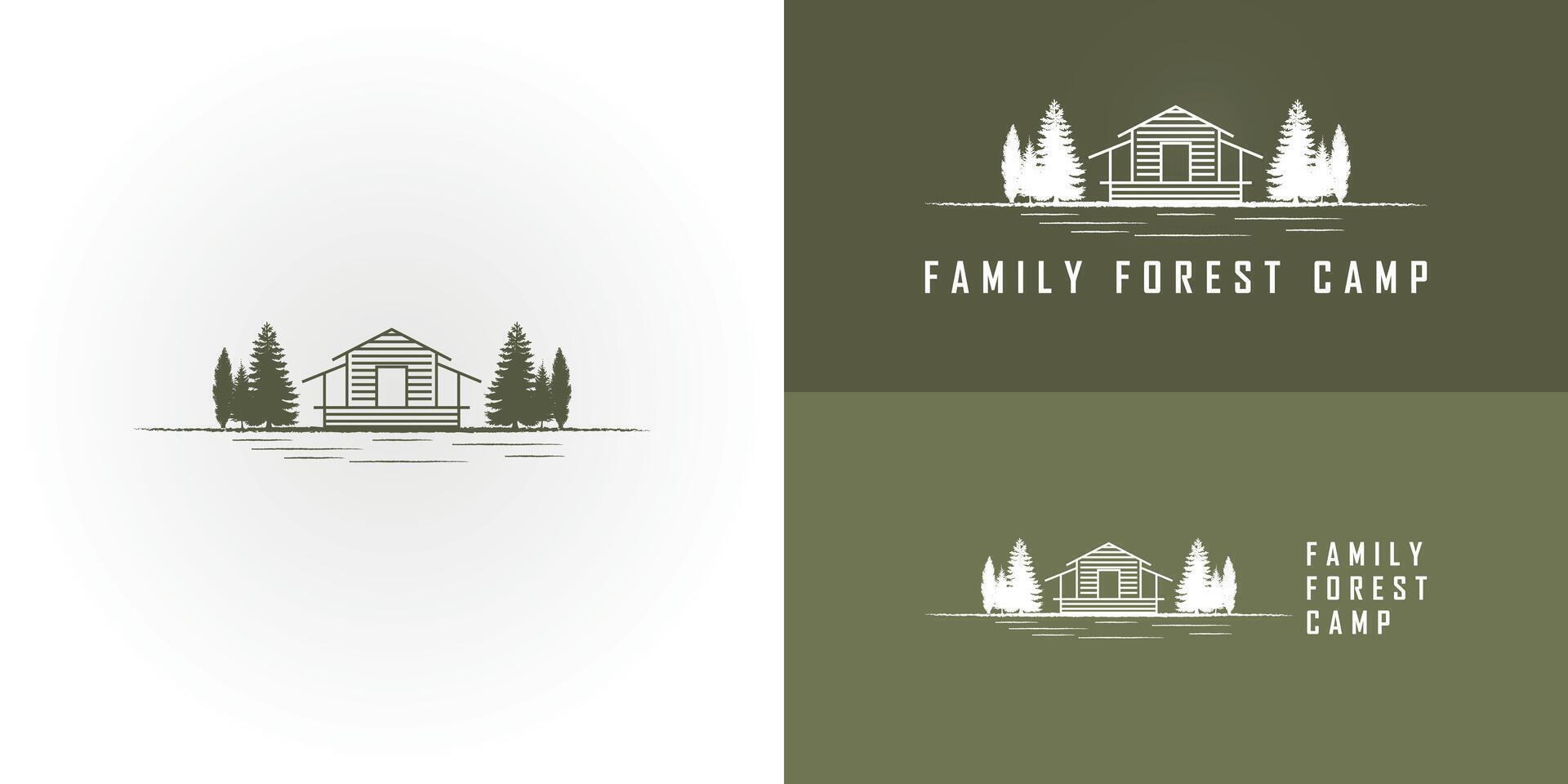 A house in the wood on the lake or cabin rent logo inspired by an illustration of a line art cabin in the forest with pine trees presented with multiple background colors. Forest Cabin Logo Design vector