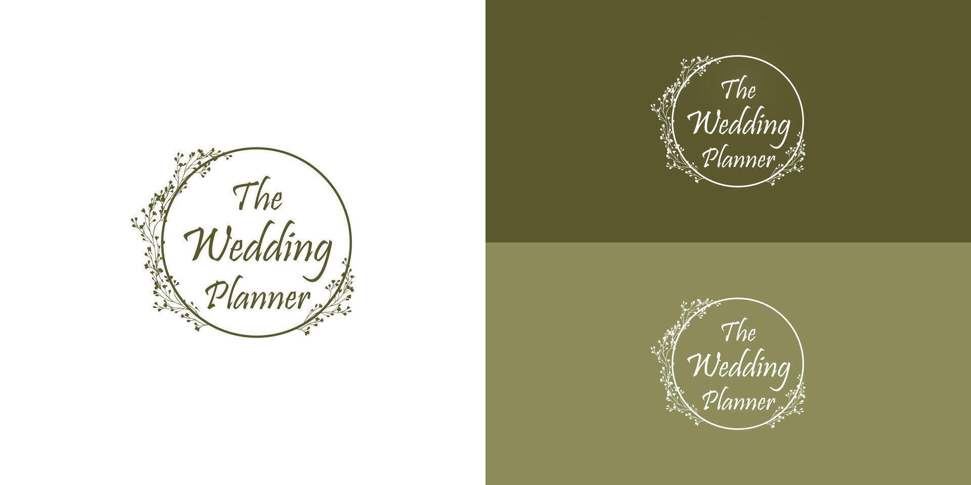 Wedding planner, and wedding organizer logotype design presented with multiple background colors. Simple and elegant wedding planner company logo with circle flower decoration vector