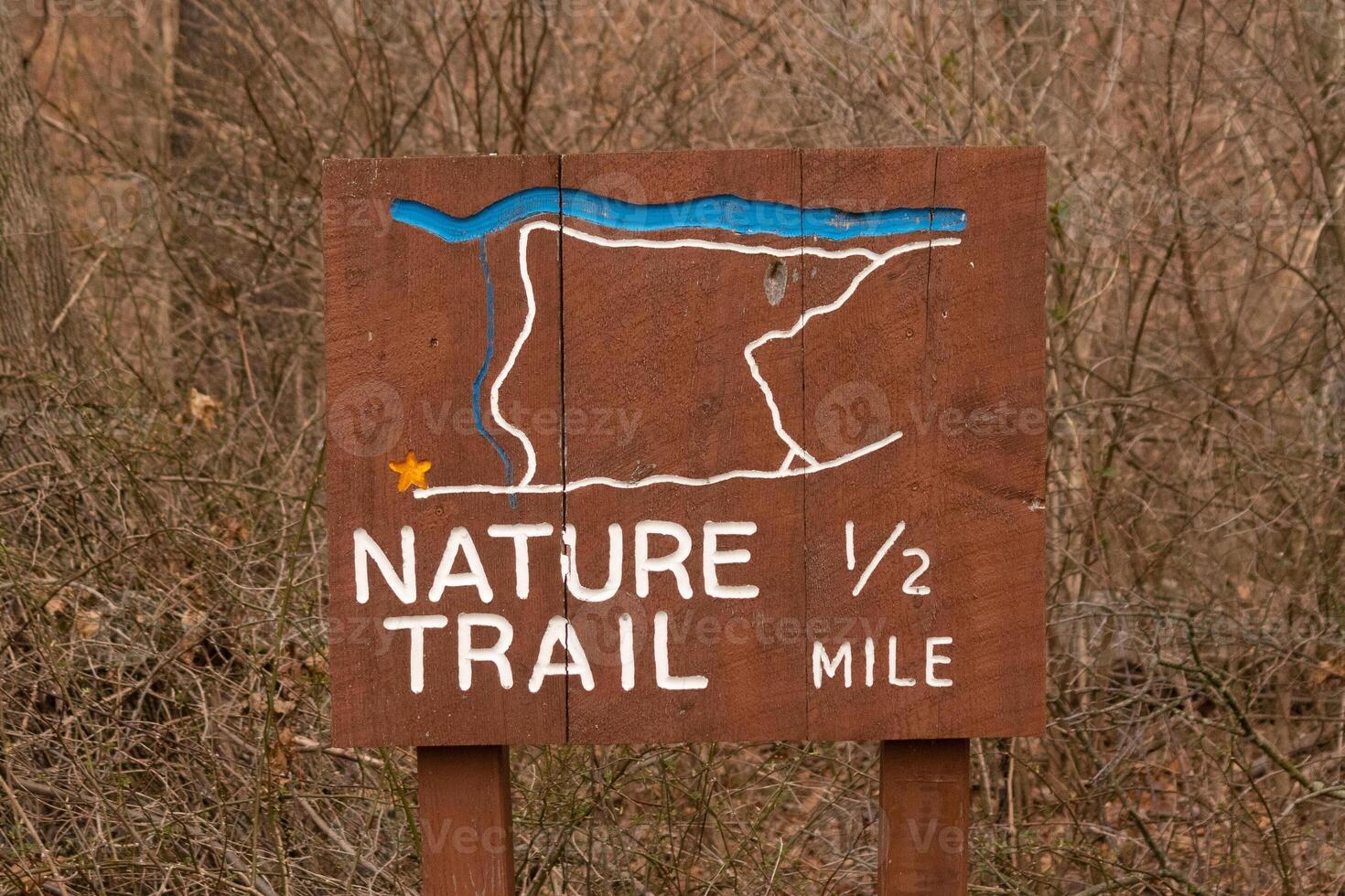 This sign in the woods marks the area of the trail. Helping to keep hikers from getting them lost and leading the way. The brown paint looks worn and chipping. The white letters standing out. photo