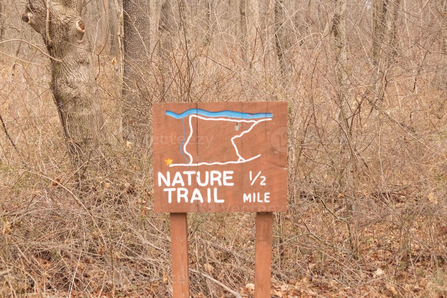 This sign in the woods marks the area of the trail. Helping to keep hikers from getting them lost and leading the way. The brown paint looks worn and chipping. The white letters standing out. photo