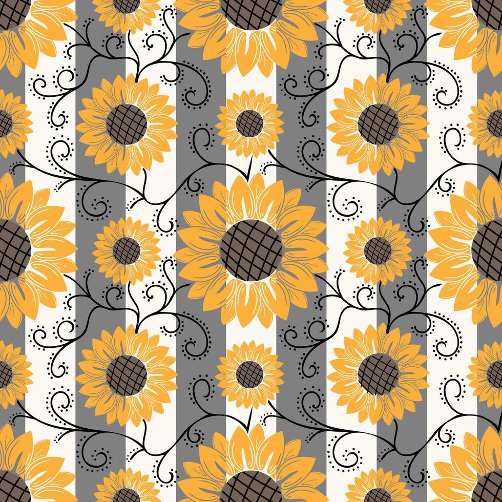 Seamless pattern with yellow sunflowers in srtiped background vector