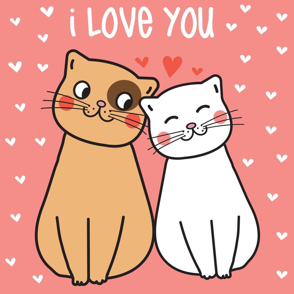 A couple of kittens. Two kittens in love with red hearts. Happy Valentines Day. Funny kawaii cartoon Love card. I Love You phrase on pink background vector