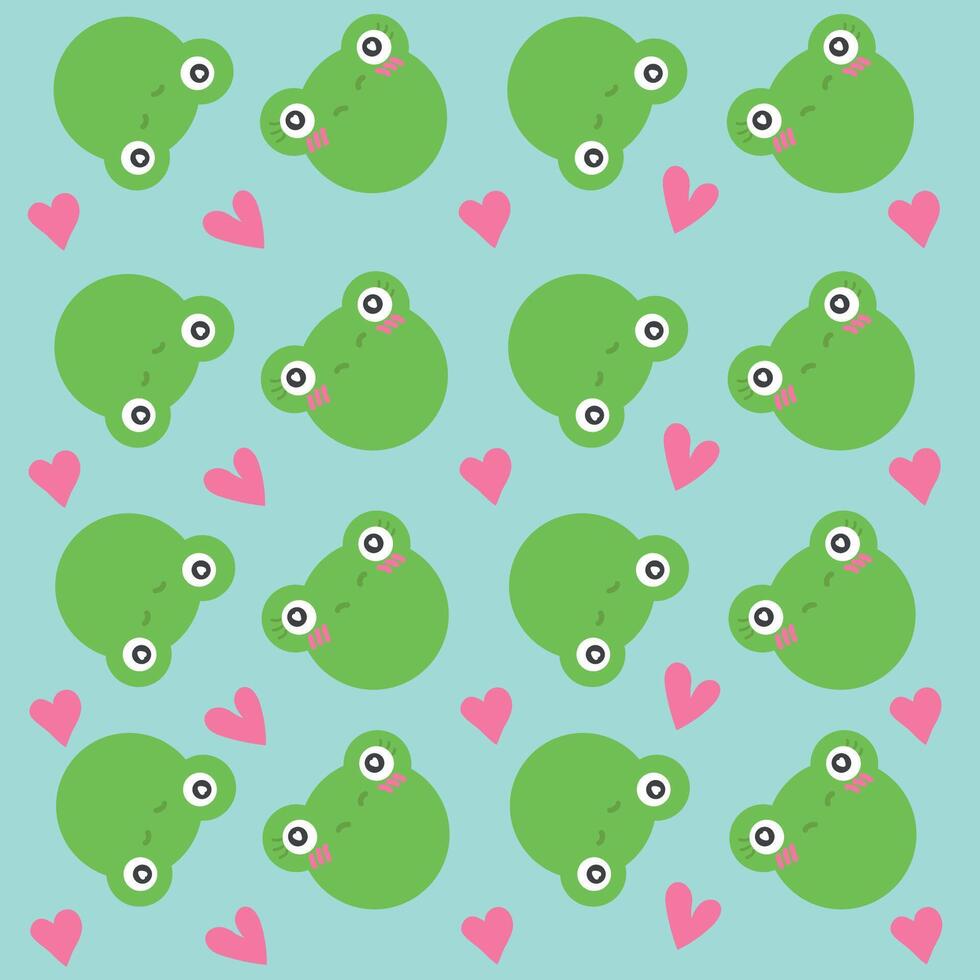 Pattern of adorable frog with hearts on blue background. Cartoon frogs in love pattern. Baby clothes. Love concept. Valentine's Day. kawaii vector