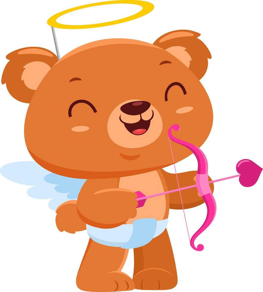 Cute Valentine Bear Cupid Cartoon Character With Bow And Arrow. Vector Illustration Flat Design