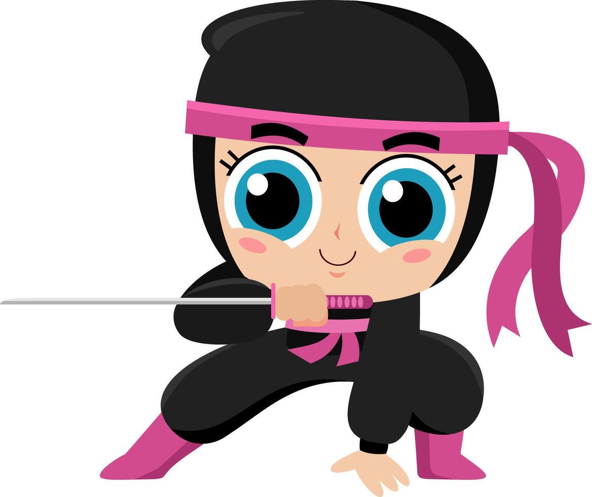 linda ninja niña guerrero dibujos animados personaje con katana espada en acción vector