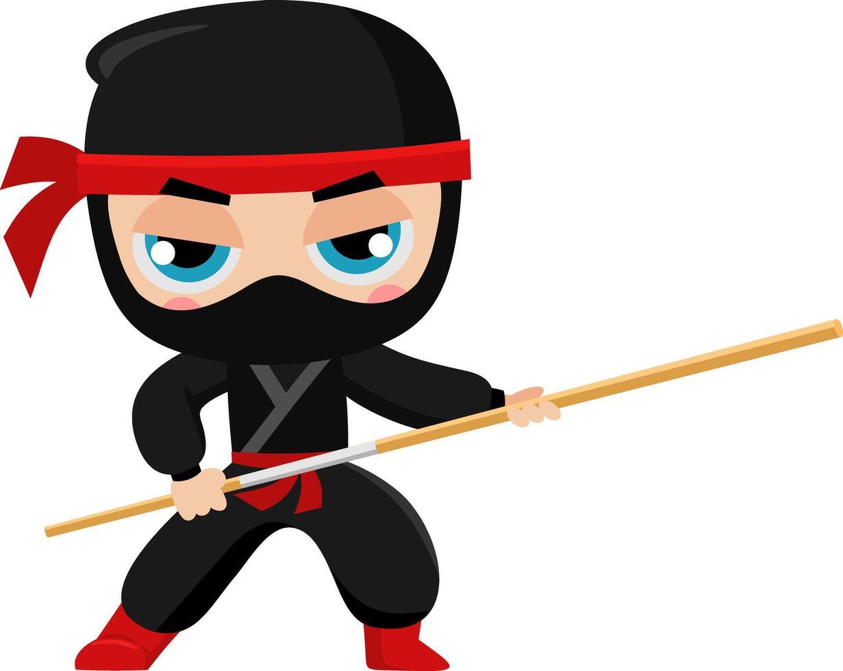 Cute Ninja Boy Warrior Cartoon Character In Action With Wooden Stick. Vector Illustration Flat Design