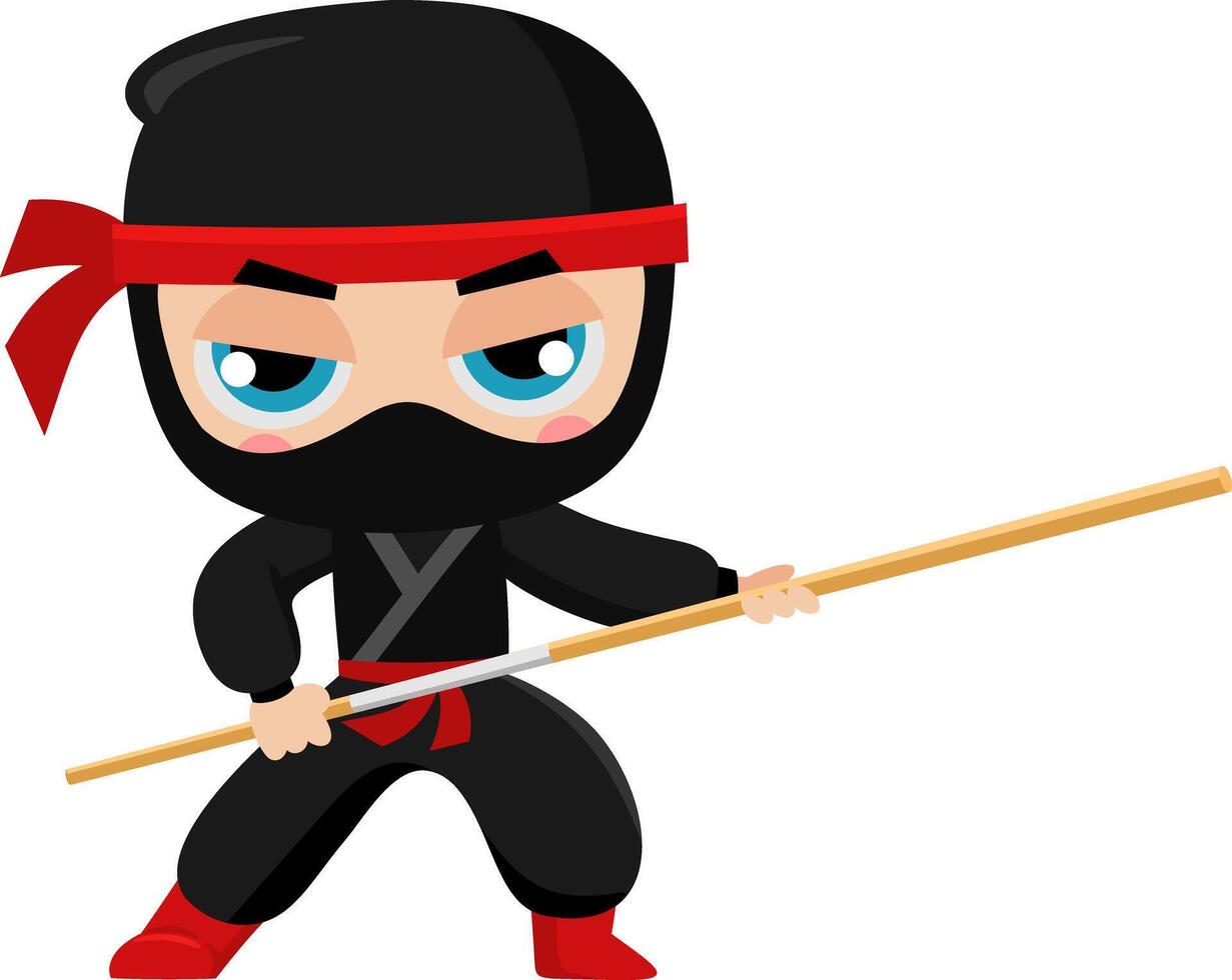 linda ninja chico guerrero dibujos animados personaje en acción con de madera palo. vector ilustración plano diseño