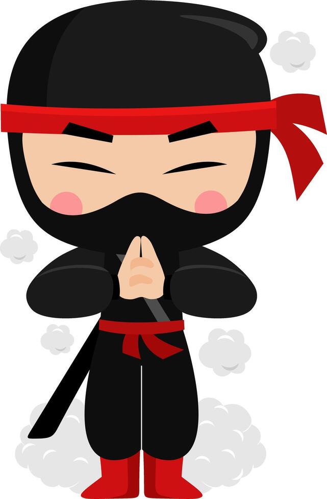 Cute Ninja Boy Warrior Cartoon Character Uses The Technique Of Emitting Smoke. Vector Illustration Flat Design