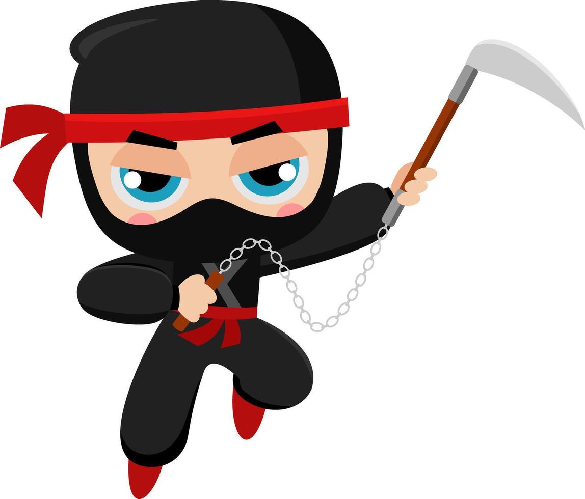 Cute Ninja Boy Warrior Cartoon Character With Kusarigama In Action Fighting vector