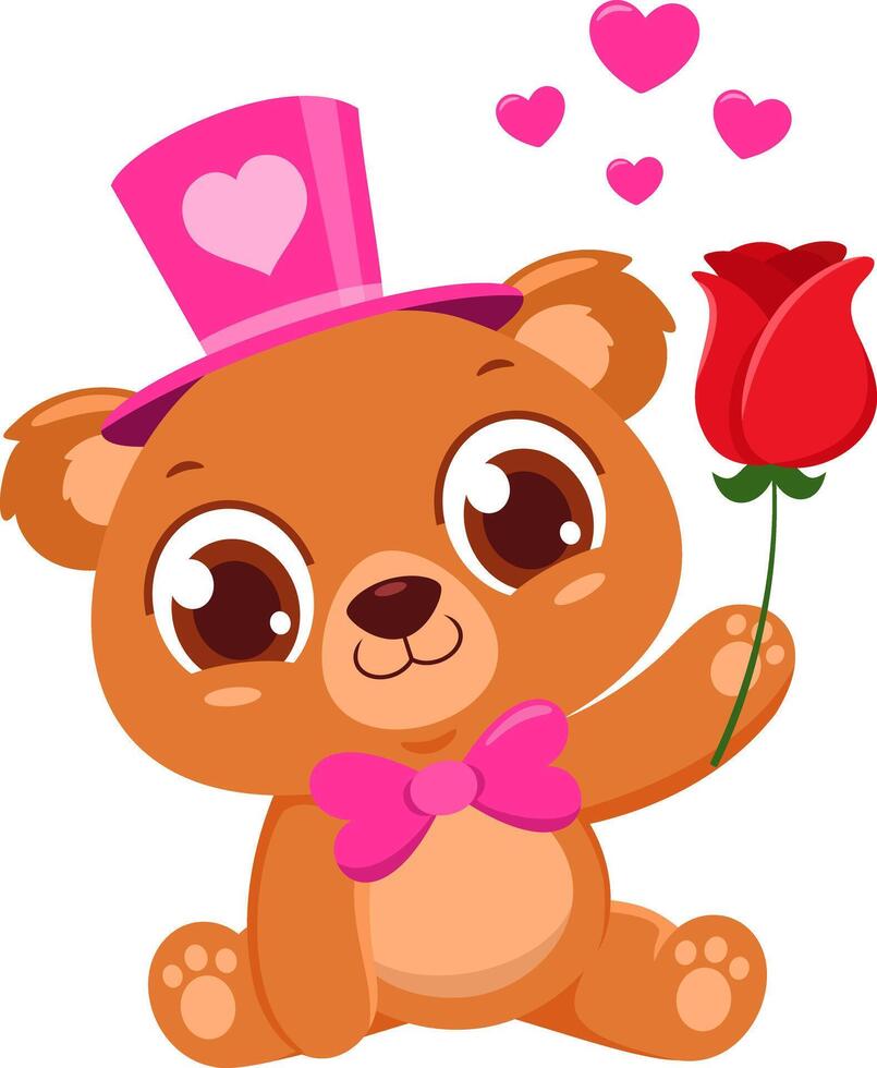 Cute Valentine Bear Cartoon Character Holding A Rose. Vector Illustration Flat Design