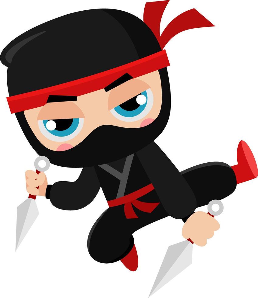 Cute Ninja Boy Warrior Cartoon Character Jumping With Two Kunai Throwing Knives vector
