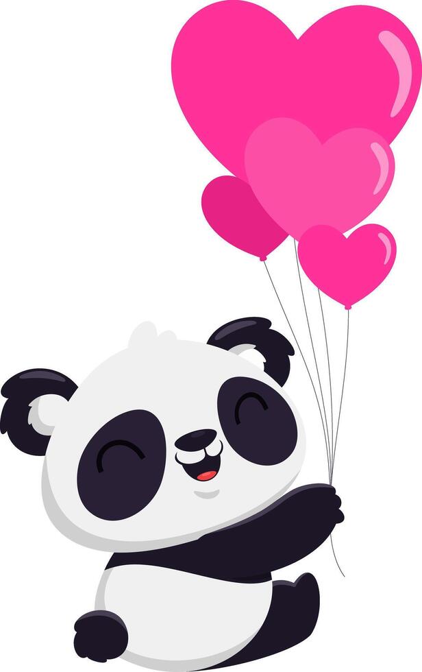 Cute Valentine Panda Bear Cartoon Character Holding Hearts Balloons. Vector Illustration Flat Design