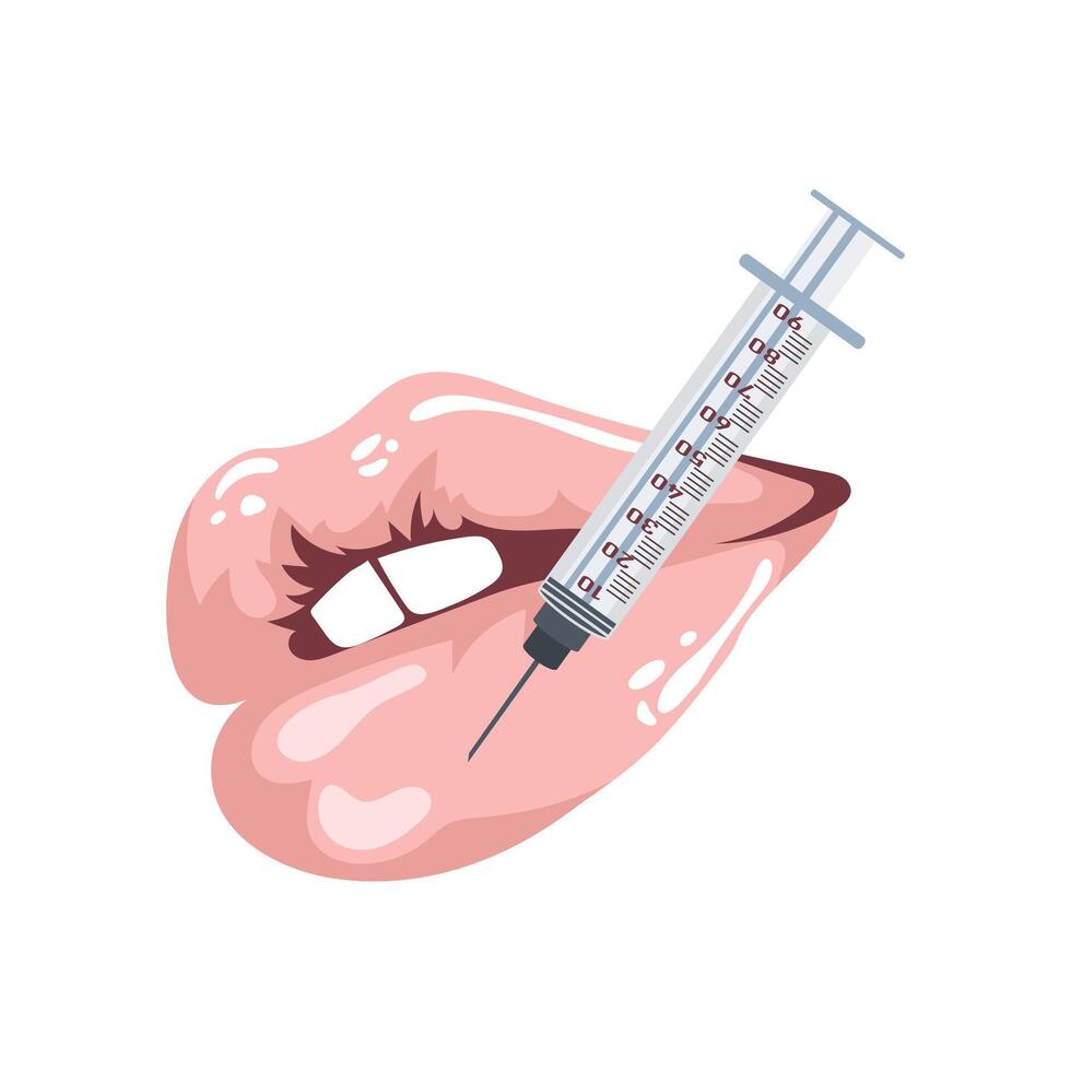 Lips holding a syringe. Beauty concept of lips, lip filler. Medical icon, cosmetology logo. Illustration, vector