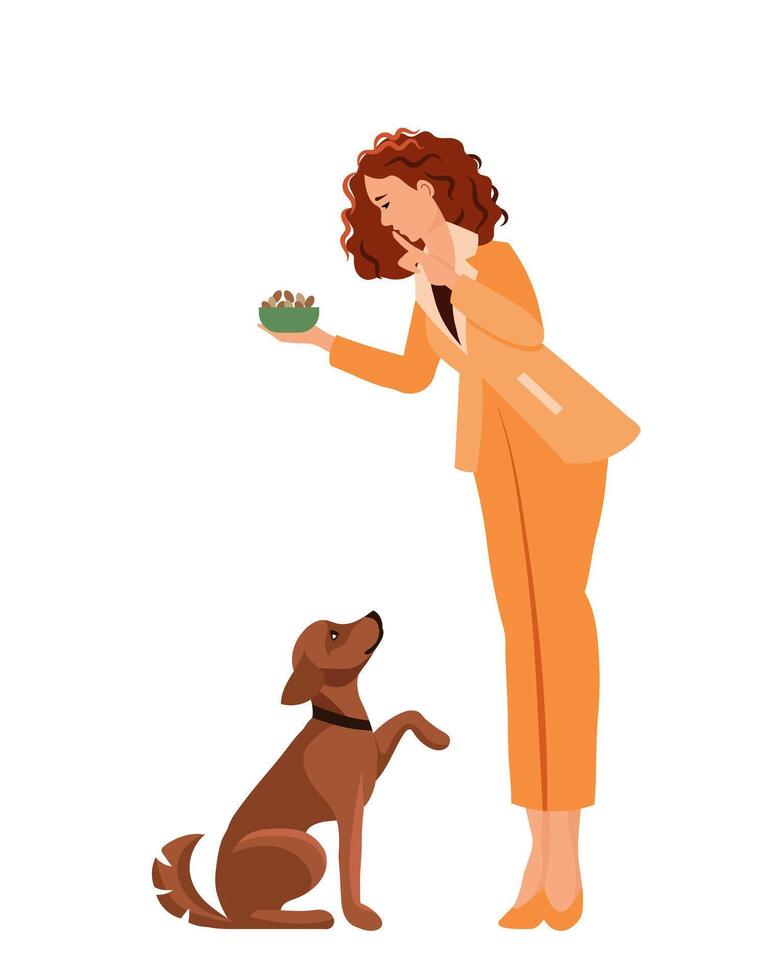 The woman feeds and trains the dog. Pet care concept. Vector, flat style illustration vector